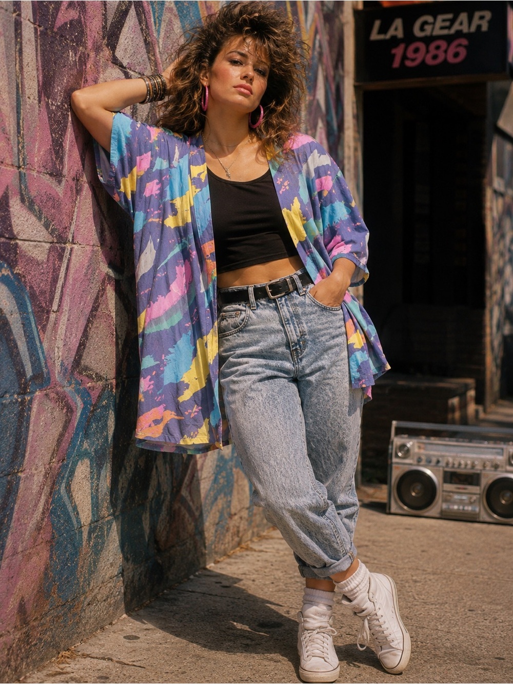Colorful Abstract Print Oversized Duster Pink Purple Yellow Paint Stripes
